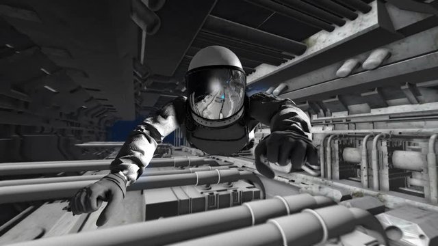 Astronaut moving through the corridors of a dark abandoned spacecraft. Seamless animation.