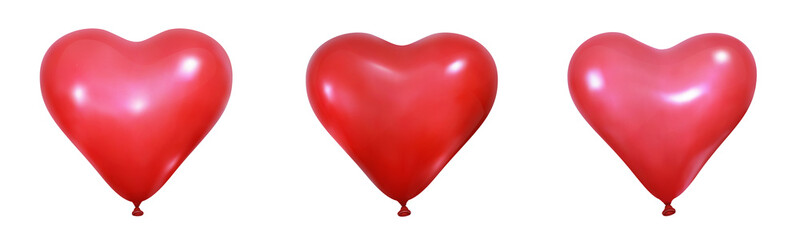 Red heart balloons. Realistic balloon decorations for Valentine's Day celebration. Set of helium heart balloons.