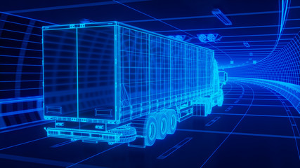 Blue wireframe Trailer Truck rides through Blue tunnel 3d rendering