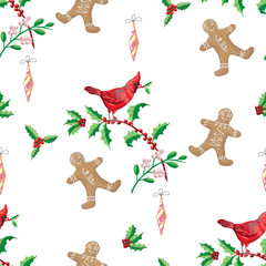 Seamless Pattern Christmas Decoration with Poinsettia and Ginger