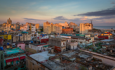 Havana cityscape at Sunrise. Photo taken from a building located in the old town and historic center of Havana, Cuba.