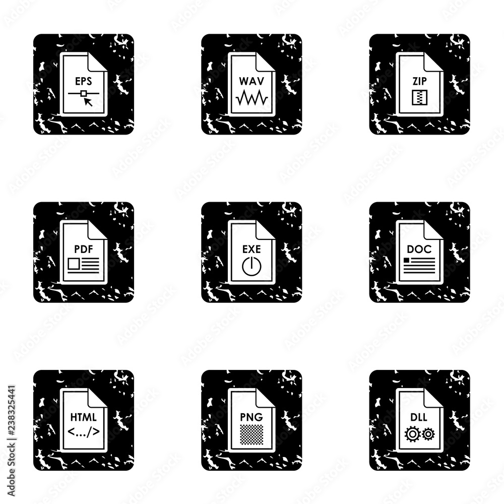 Poster document types icons set. grunge illustration of 9 document types vector icons for web