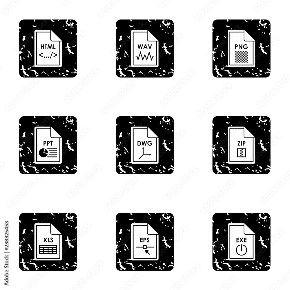 Poster types of files icons set. grunge illustration of 9 types of files vector icons for web