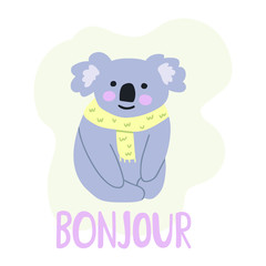 Sitting koala said bonjour, hand drawn icon. Vector illustration for greeting card, kids wear, t shirt, social network stickers, posters design.