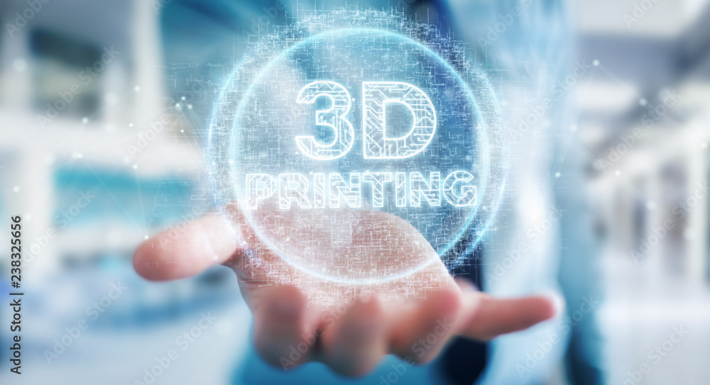 Poster businessman using 3d printing digital hologram 3d rendering