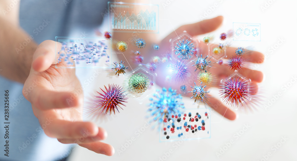 Poster businessman analyzing bacteria microscopic close-up 3d rendering