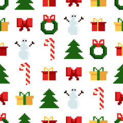 Obraz na płótnie Canvas Colorful Pixel Pattern with Christmas Elements. Atcade games style