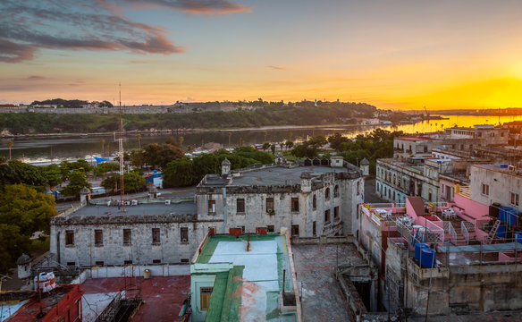 Havana cityscape at Sunrise. Photo taken from a building located in the old town and historic center of Havana, Cuba.