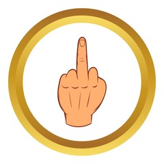 Middle finger hand sign vector icon in golden circle, cartoon style isolated on white background