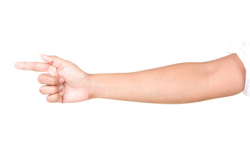 Female caucasian hand gestures isolated over the white background.