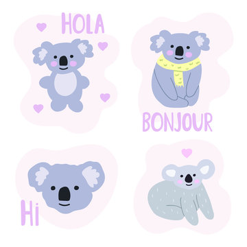 Set of hand drawn koala icons. Vector illustration for greeting card, kids wear, t shirt, social network stickers, posters design.