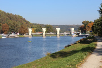 Lock (water navigation) on Vltava river in Hluboká nad Vltavou, Czech republic 