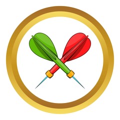 Darts vector icon in golden circle, cartoon style isolated on white background