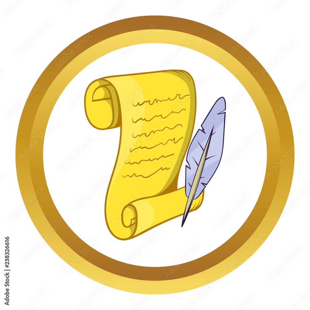 Poster old paper scroll and feather vector icon in golden circle, cartoon style isolated on white backgroun