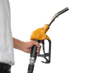 Pumping equipment gas at gas station. Close up of a hand holding fuel nozzle