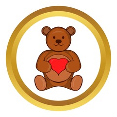 Teddy bear with red heart vector icon in golden circle, cartoon style isolated on white background