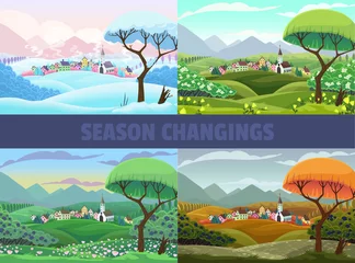 Poster Vier seizoenen dorpsgezicht: lente, zomer herfst en winter. Vector cartoon landschap © 0mela