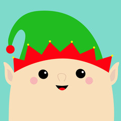 Santa Claus Elf face head icon. Green hat. Merry Christmas. New Year. Cute cartoon funny kawaii baby character. Greeting card. Flat design Blue background.