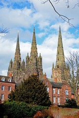 View of Lichfield Cathedral seen from the remembrance gardens, Lichfield.