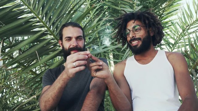 Two guys of different nationalities smoking weed on a background of palm leaves