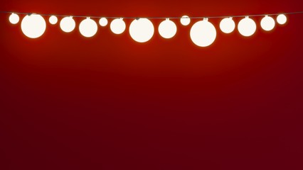 Creative minimal Christmas red background with luminous christmas garland. Copy space for text.