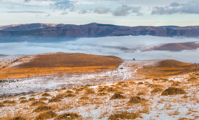 Red and orange steppe in the snow in the mountains. Winter steppe in the snow. Steppe colorful landscape, nature. Background and texture of nature.