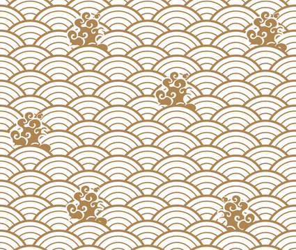 Japanese wave pattern with cloud vector. Gold geometric background.