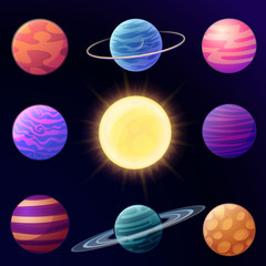 Set of cartoon glossy planets and space elements. Vector illustration