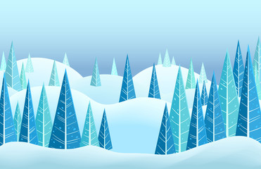 Vector winter horizontal landscape with snow capped hills and triangle coniferous trees. Cartoon illustration