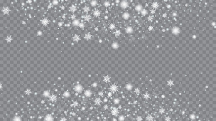 Snow Blizzard Effect. Bbright, White, Shimmer, Glowing, Scatter, Falling background. Holiday decoration Christmas banner. Transparent base.