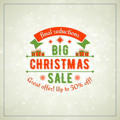 Christmas sale poster design. Holiday shopping. Discount offer. Vintage badge with winter background