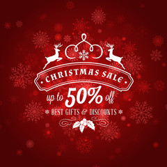 Christmas sale poster design. Holiday shopping. Discount offer. Vintage badge with winter background