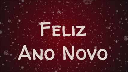Feliz Ano Novo - Happy New Year in portuguese language, greeting card, falling snow, red background