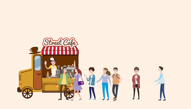 Coffee truck, barista, colored coffee shop outdoor composition, city, with buyers standing in line for coffee, men and women, teenagers, urban scene, vector, cartoon style, isolated