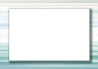 Obraz premium White card on a striped background. Abstract pattern in light pastel turquoise, white, beige, blue tones. Modern blurred border with soft gradient. Frame template for creative design. Large text box