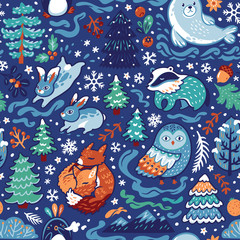 New Year and Christmas seamless pattern with decorative animals and forest elements in cartoon style