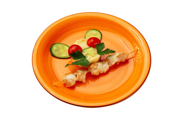 Plate of mashed potato and shahlik stick for children menu layed as a funny face  isolated at white background.