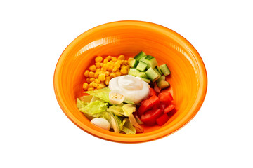 Plate of fresh vegetables vegetarian salad with cucumber, tomato, corn and egg isolated at white background.