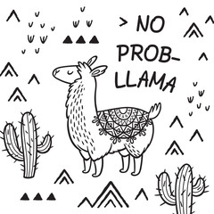 No prob llama. Ink cartoon llama vector print