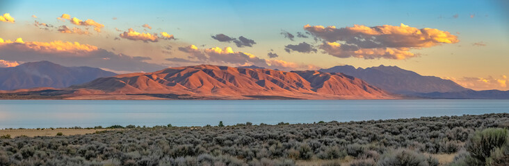 Panoramic view of Utah Lake with majestic mountain