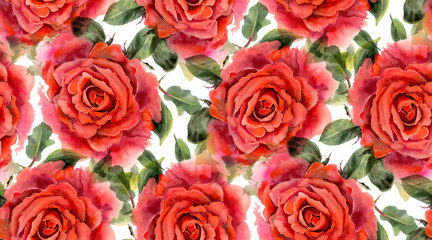 Seamless pattern with red  watercolor roses
