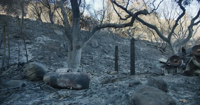 Gimbal shot of fire damage caused by Thomas Fire in Montecito hills Dec 2017. Santa Barbara county, California