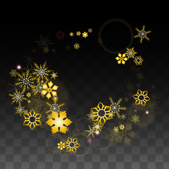 Christmas  Vector Background with Gold Falling Snowflakes Isolated on Transparent Background. Realistic Snow Sparkle Pattern. Snowfall Overlay Print. Winter Sky. Design for Party Invitation.