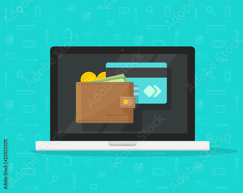 Electronic Wallet On Laptop Computer Vector Icon Flat Cartoon Electronic Wallet On Laptop Computer Vector Icon Flat Cartoon Design Desktop Pc Screen With Digital