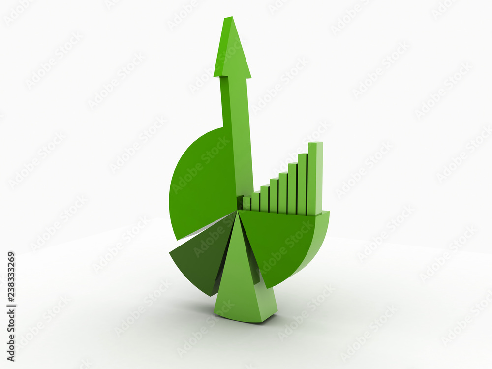Poster 3d rendered pie chart graph with up arrow isolated on white background