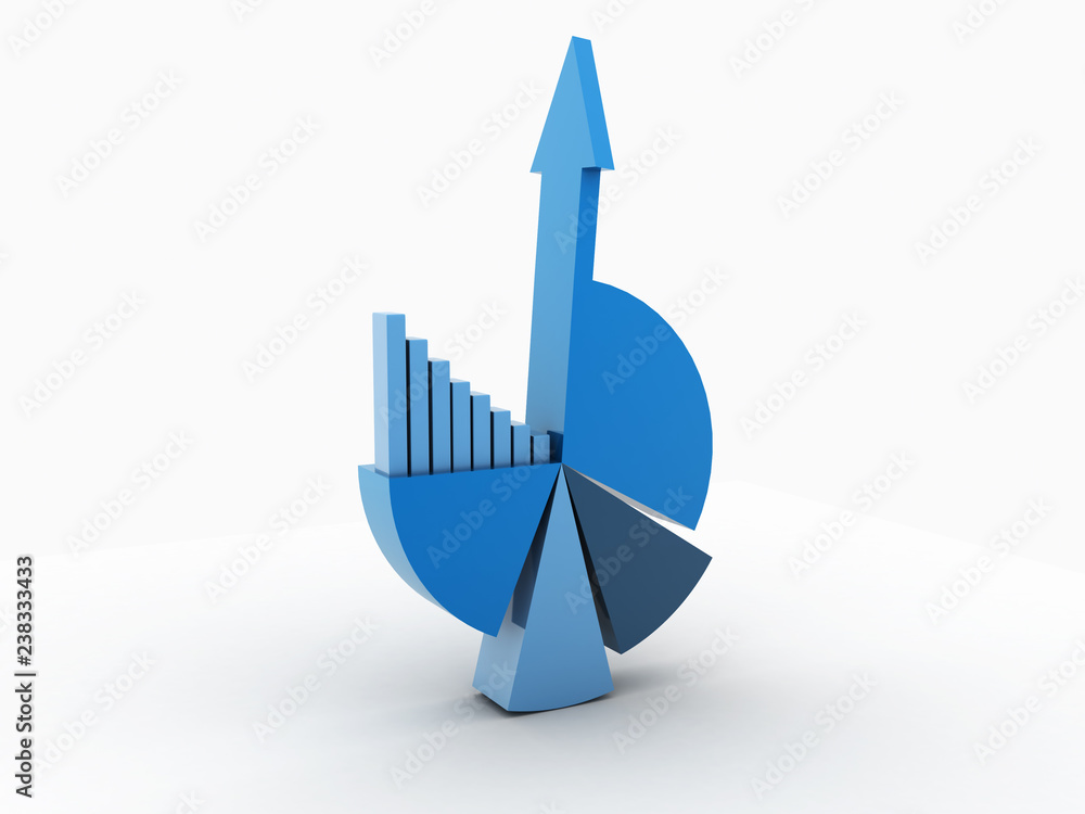 Poster 3d rendered pie chart graph with up arrow isolated on white background