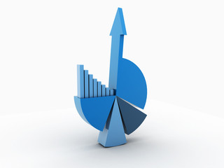 3d rendered pie chart graph with up arrow isolated on white background