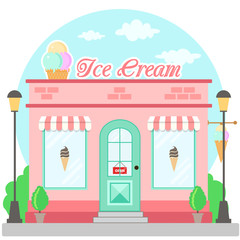 Facade ice cream shop with a signboard