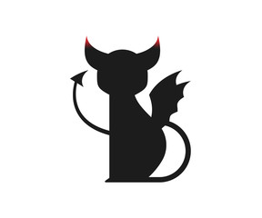 Stylized cat in the form of a devil beautiful icon black color on a white background