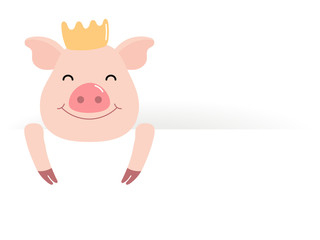 2019 Chinese New Year greeting card with cute pig face in a crown, text. Vector illustration. Flat style design. Concept for holiday banner, decorative element.